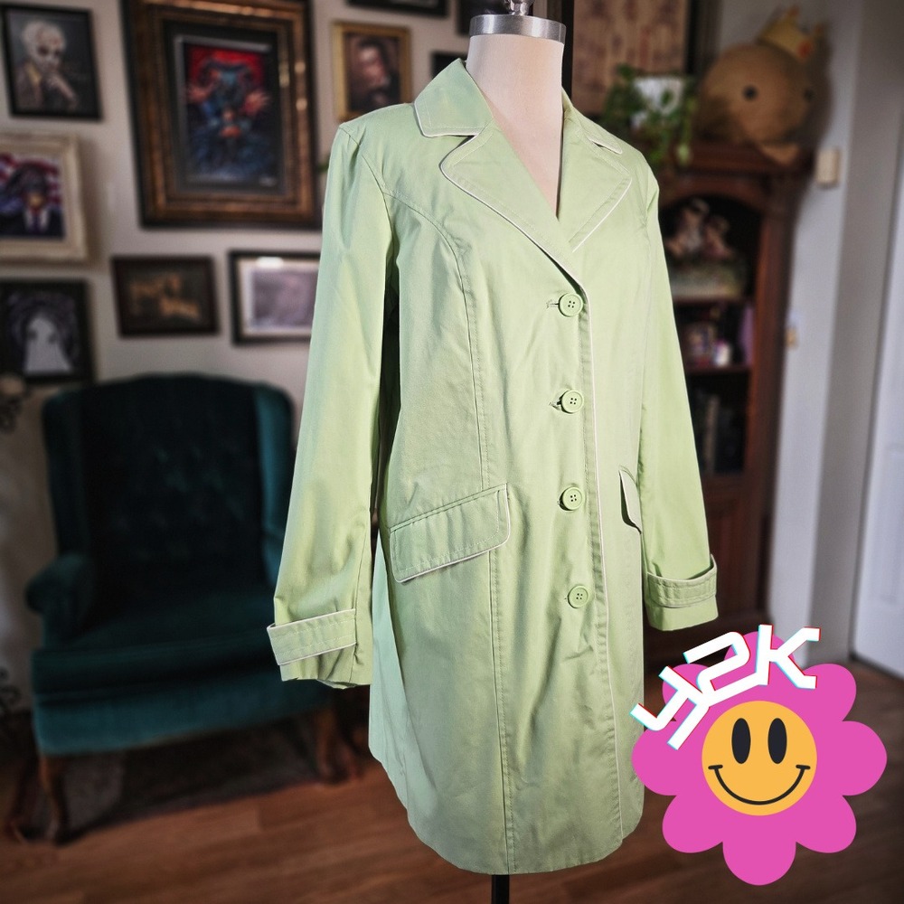 Dennis Basso Trench Coat Sage Green Vintage Y2K Button Front Long Jacket M